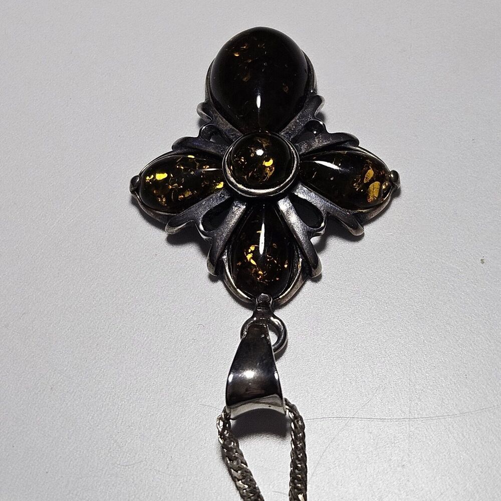 Vintage Sterling Silver Amber Cross Pendant Necklace Yellow Golden 18" - Picture 14 of 15